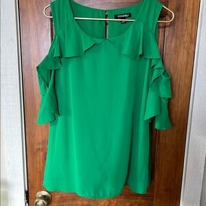 Ruffled Cold Shoulder Feminine Blouse with Short Ruffle Sleeves in Green| S